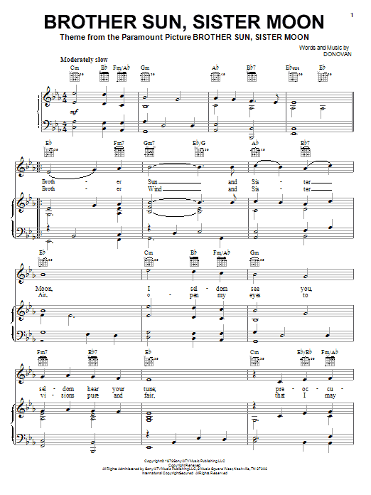 Donovan Brother Sun, Sister Moon sheet music notes and chords. Download Printable PDF.