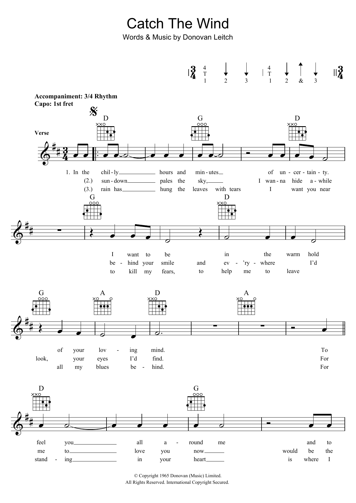 Donovan Catch The Wind sheet music notes and chords. Download Printable PDF.