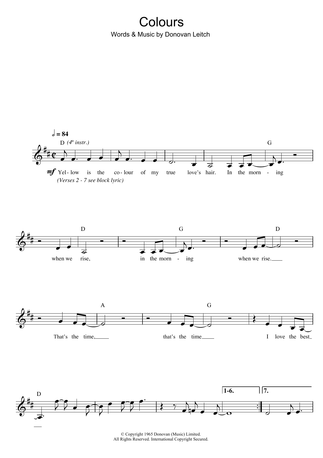 Donovan Colours sheet music notes and chords. Download Printable PDF.