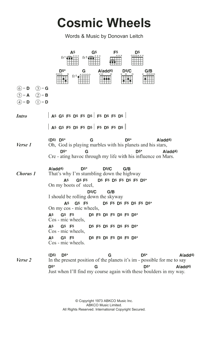 Donovan Cosmic Wheels sheet music notes and chords. Download Printable PDF.