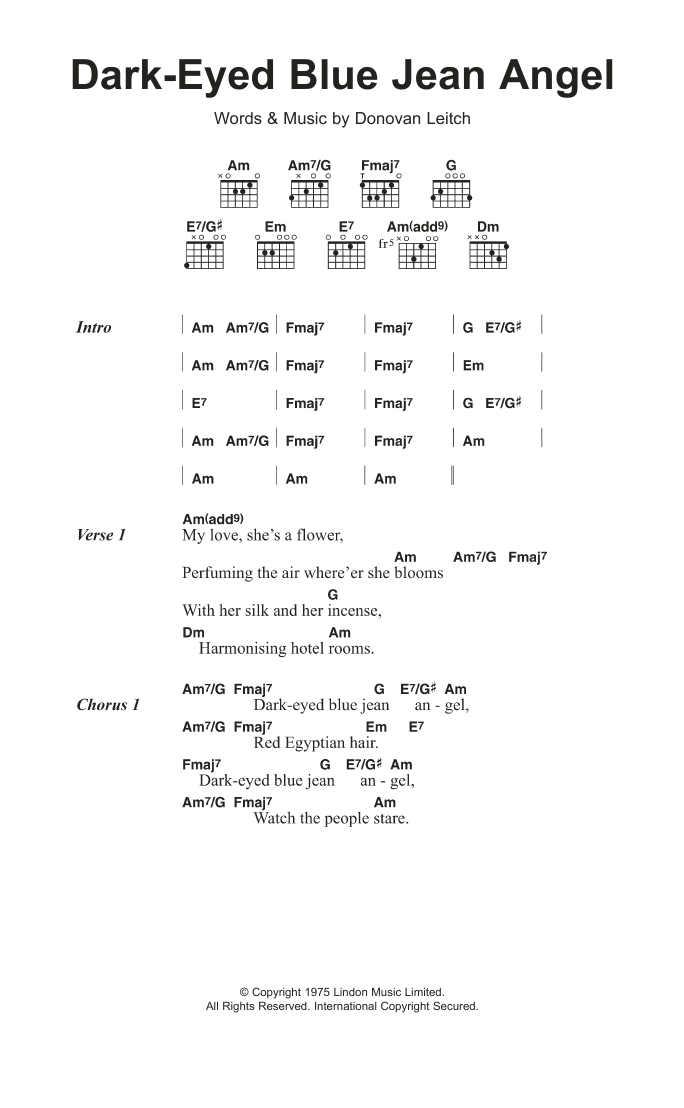 Donovan Dark Eyed Blue Jean Angel sheet music notes and chords. Download Printable PDF.