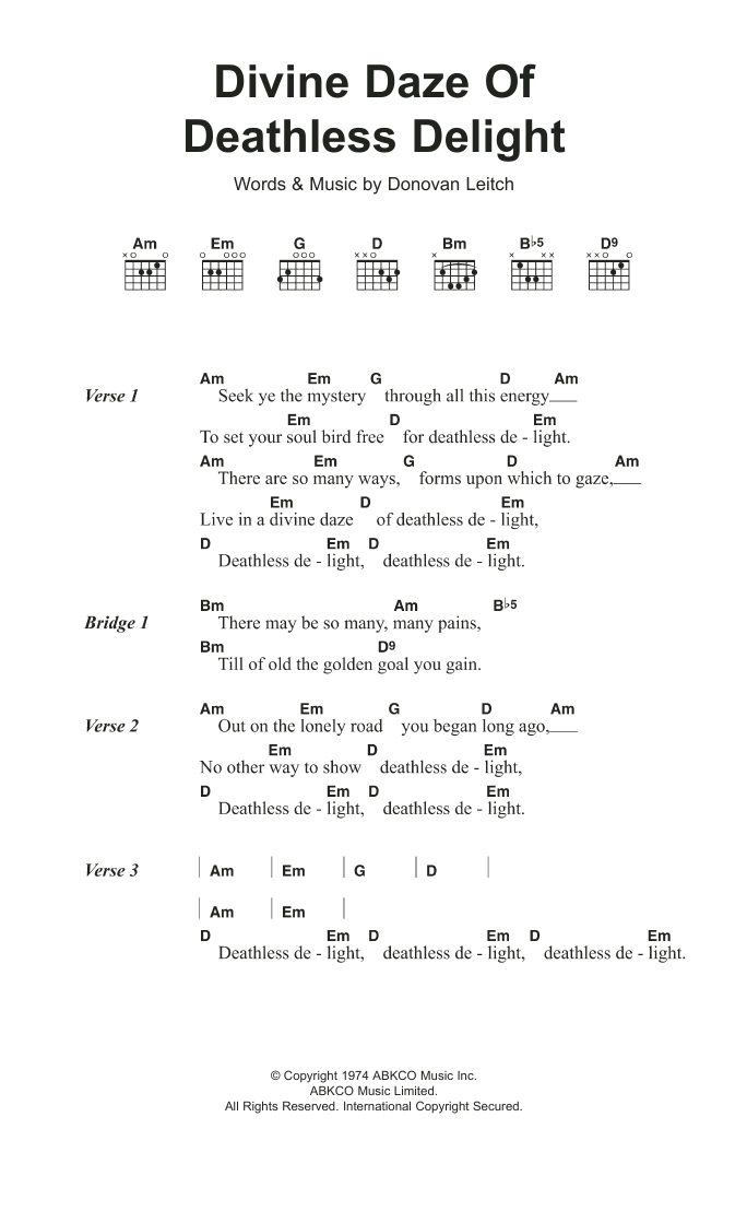 Donovan Divine Daze Of Deathless Delight sheet music notes and chords. Download Printable PDF.