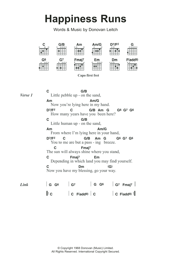 Donovan Happiness Runs sheet music notes and chords. Download Printable PDF.