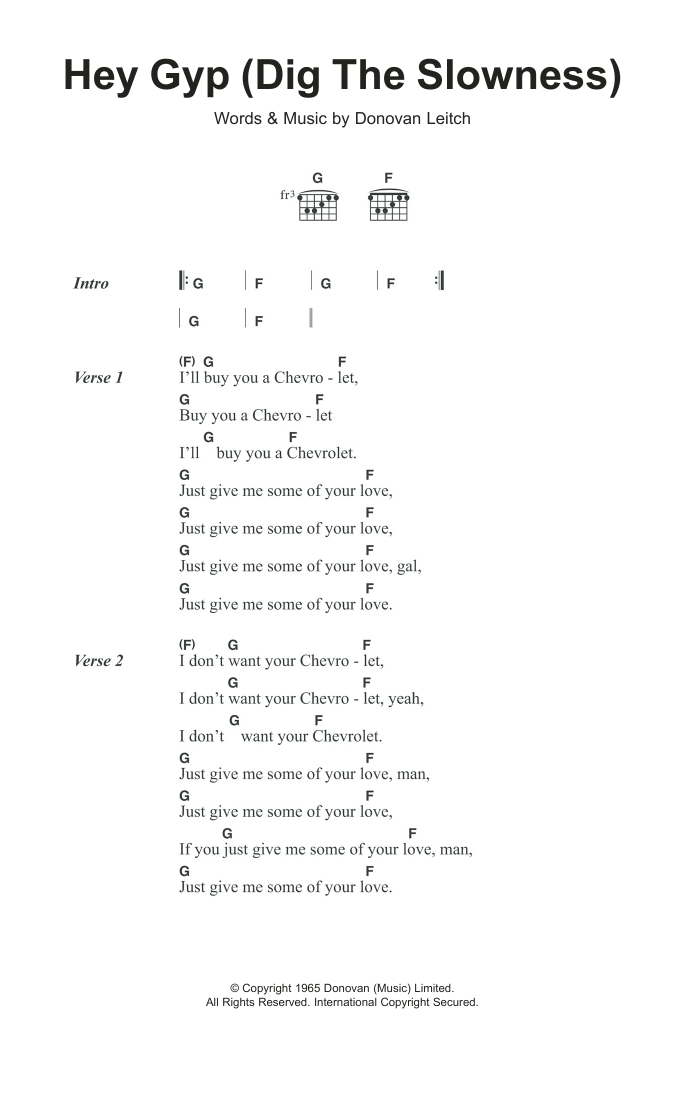 Donovan Hey Gyp (Dig The Slowness) sheet music notes and chords. Download Printable PDF.