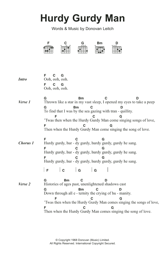 Donovan Hurdy Gurdy Man sheet music notes and chords. Download Printable PDF.