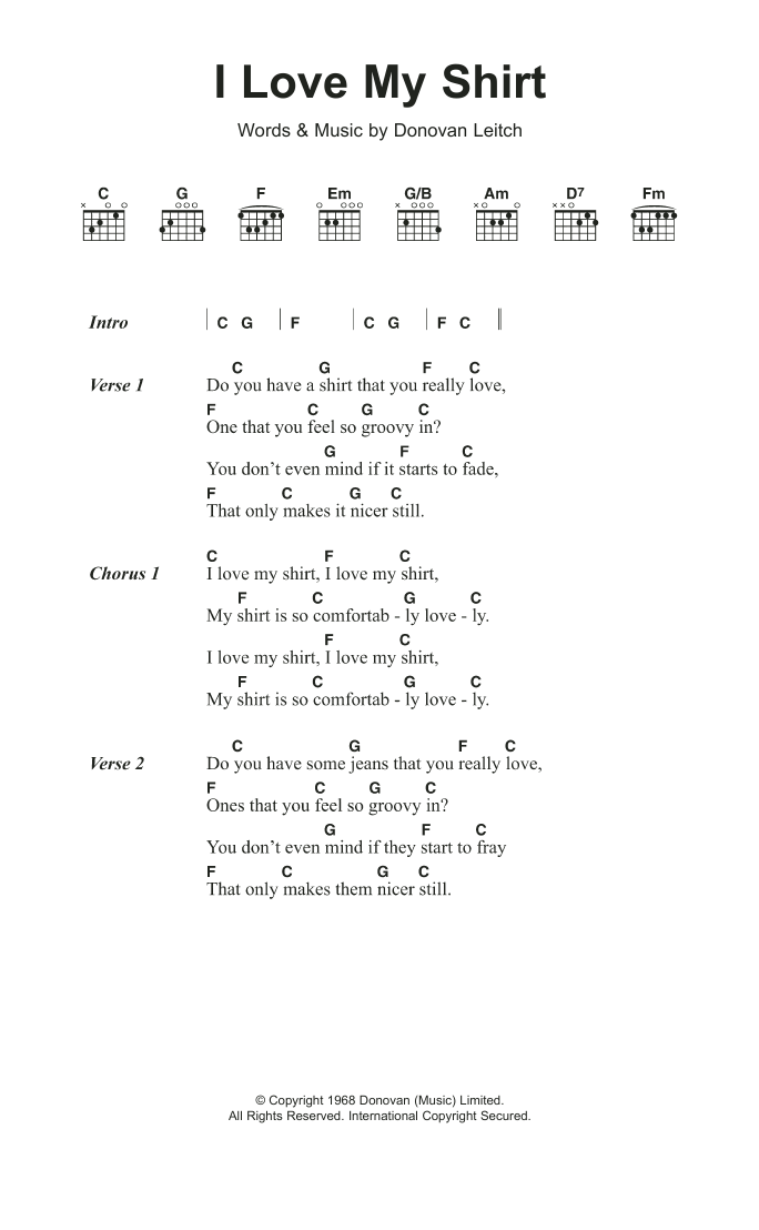 Donovan I Love My Shirt sheet music notes and chords. Download Printable PDF.