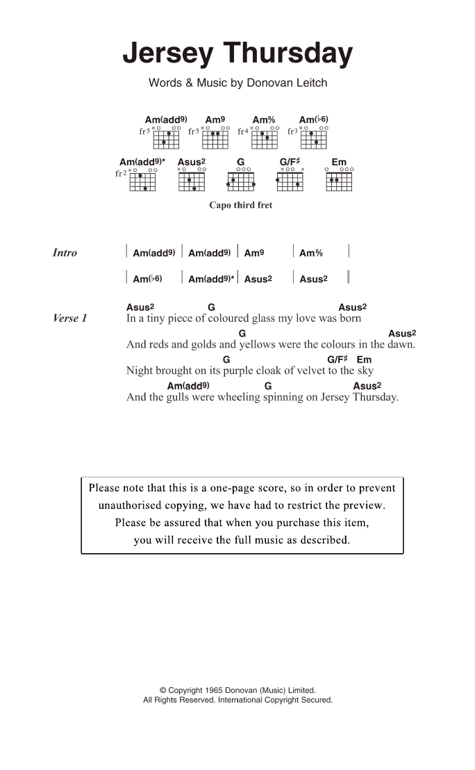 Donovan Jersey Thursday sheet music notes and chords. Download Printable PDF.