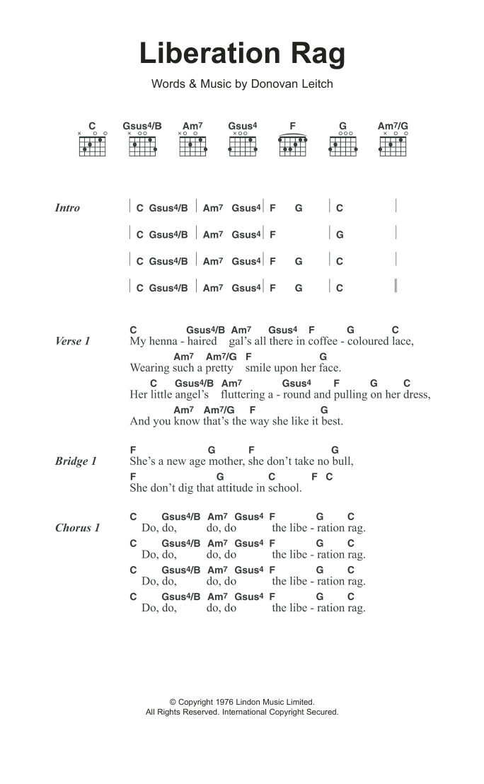 Donovan Liberation Rag sheet music notes and chords. Download Printable PDF.