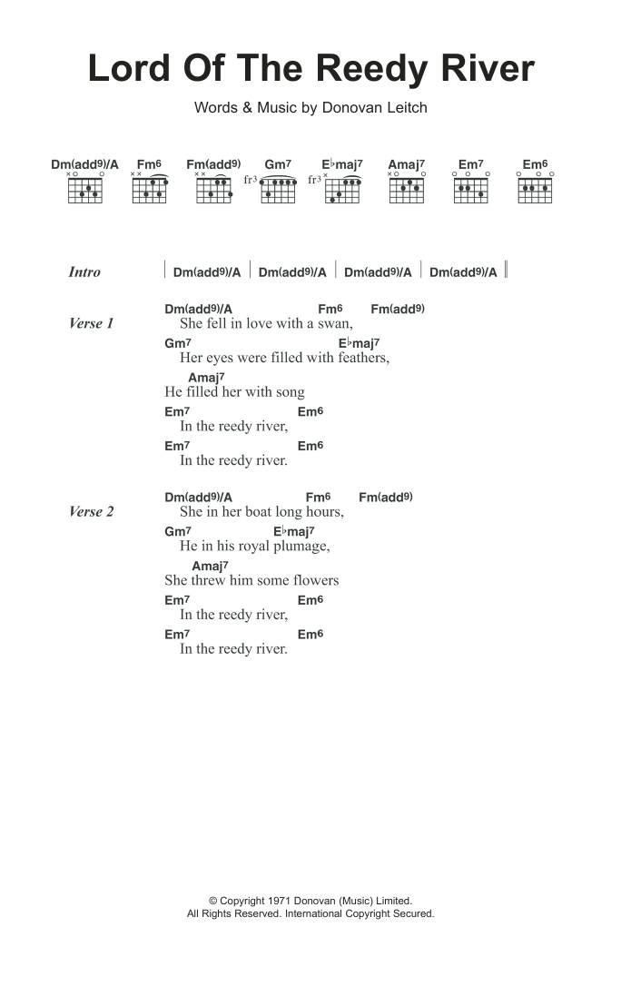 Donovan Lord Of The Reedy River sheet music notes and chords. Download Printable PDF.