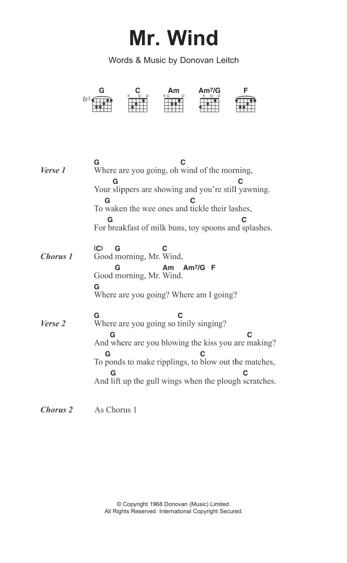 Donovan Mr. Wind sheet music notes and chords. Download Printable PDF.