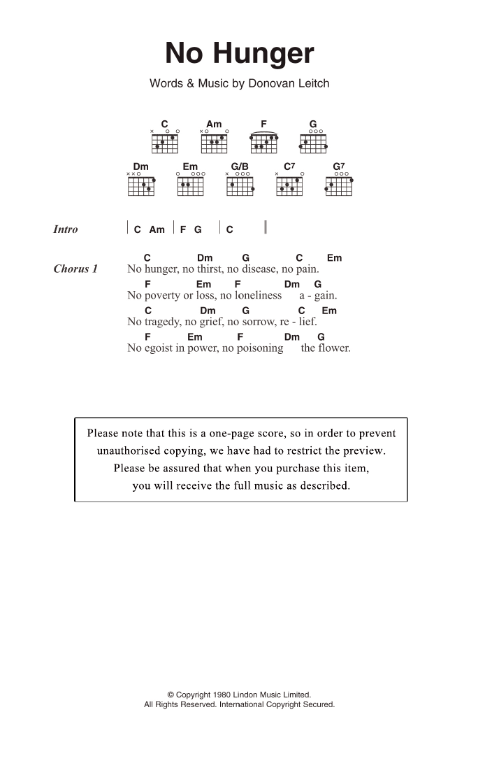 Donovan No Hunger sheet music notes and chords. Download Printable PDF.