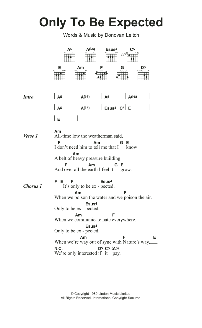 Donovan Only To Be Expected sheet music notes and chords. Download Printable PDF.