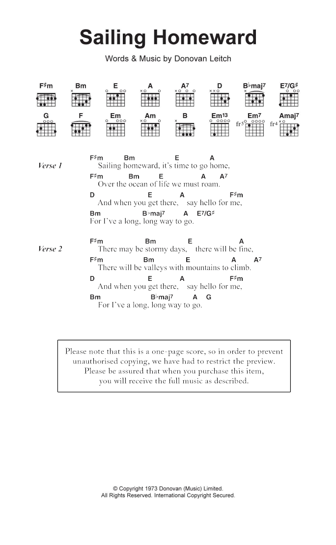 Donovan Sailing Homeward sheet music notes and chords. Download Printable PDF.