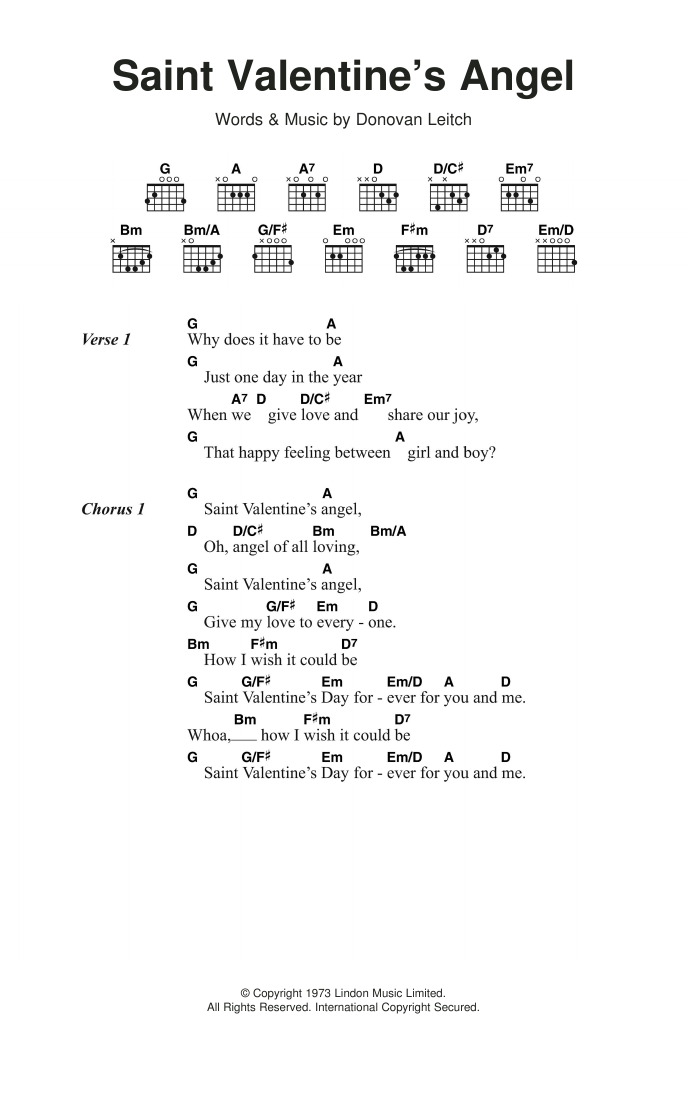 Donovan Saint Valentine's Angel sheet music notes and chords. Download Printable PDF.