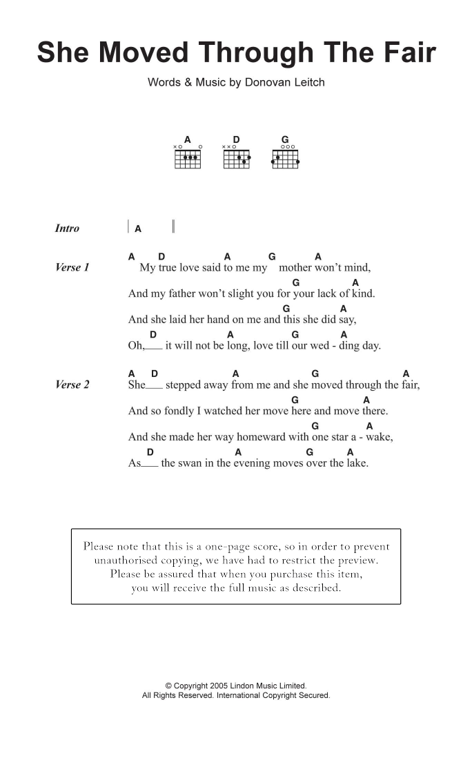 Donovan She Moved Through The Fair sheet music notes and chords. Download Printable PDF.