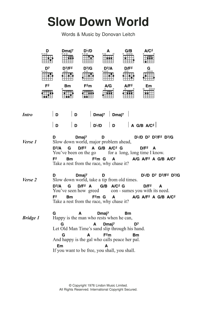 Donovan Slow Down World sheet music notes and chords arranged for Guitar Chords/Lyrics