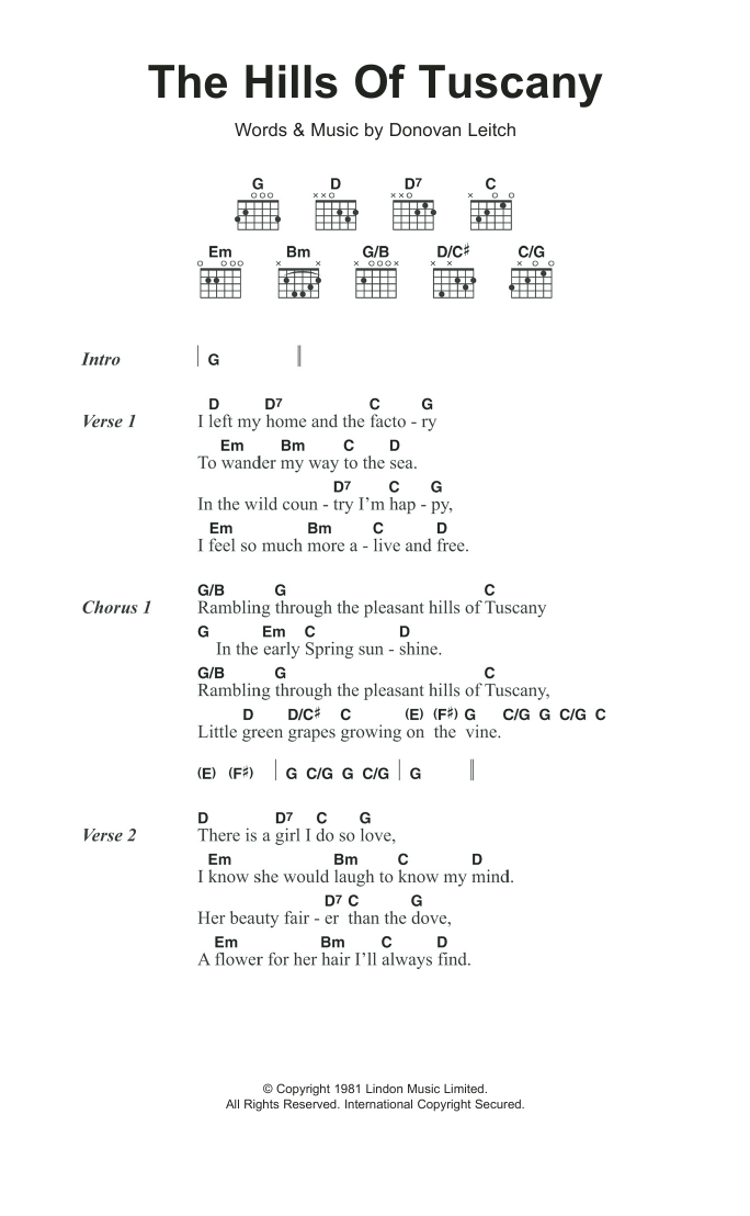 Donovan The Hills Of Tuscany sheet music notes and chords. Download Printable PDF.