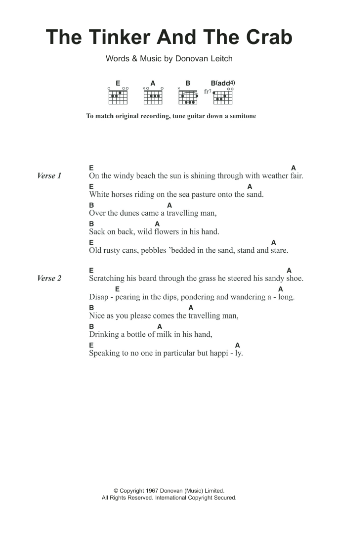 Donovan The Tinker And The Crab sheet music notes and chords. Download Printable PDF.