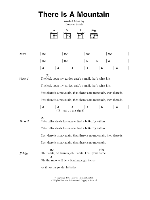 Donovan There Is A Mountain sheet music notes and chords. Download Printable PDF.