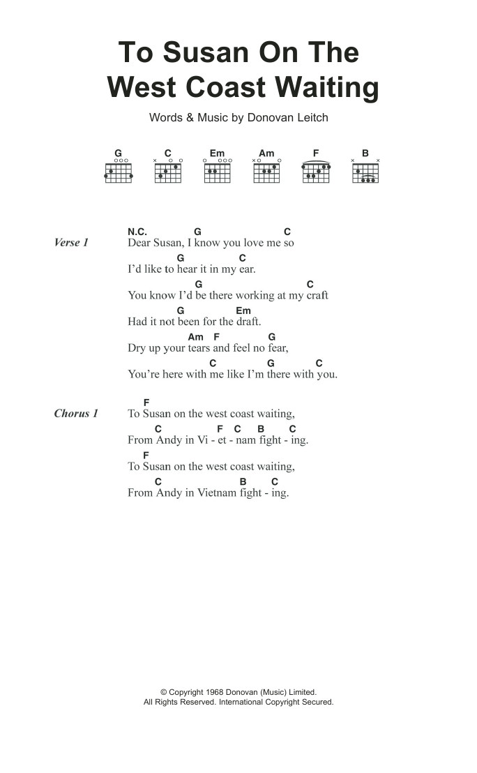 Donovan To Susan On The West Coast sheet music notes and chords. Download Printable PDF.