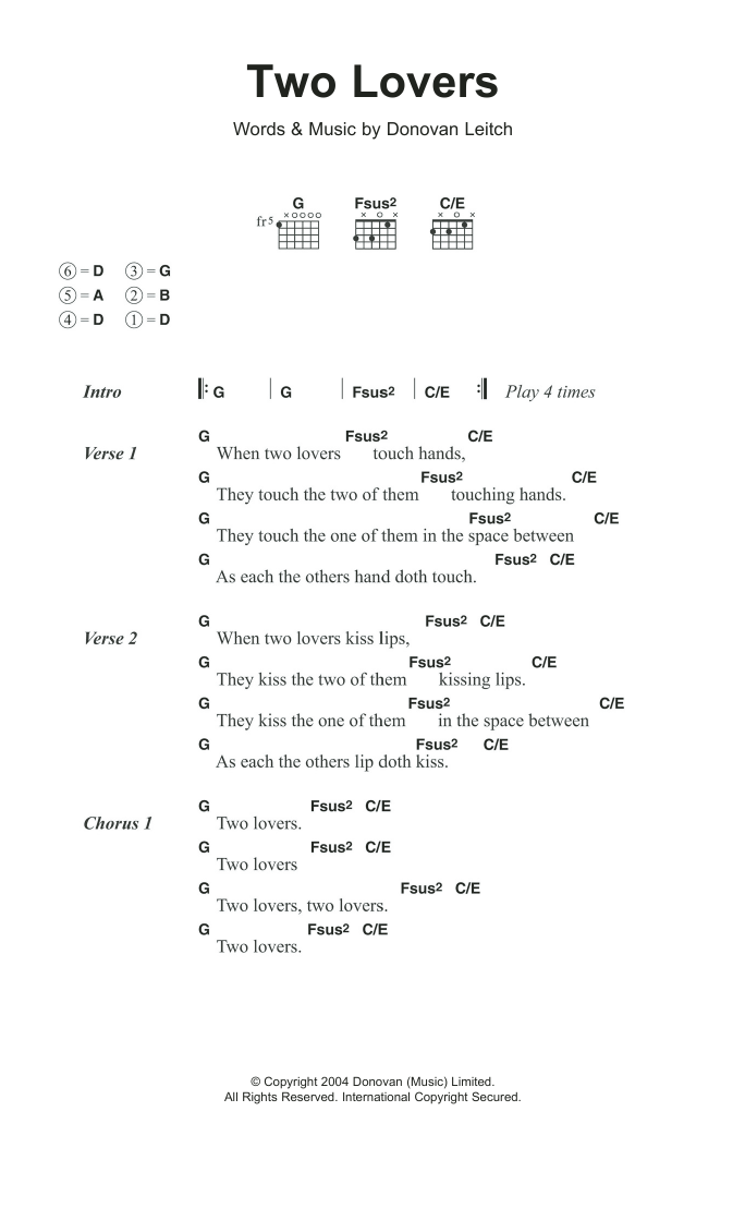 Donovan Two Lovers sheet music notes and chords. Download Printable PDF.