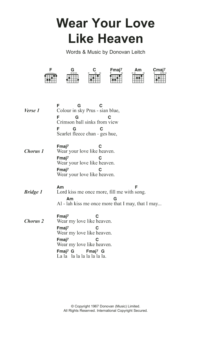 Donovan Wear Your Love Like Heaven sheet music notes and chords. Download Printable PDF.