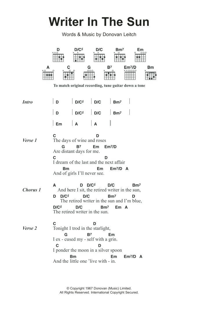 Donovan Writer In The Sun sheet music notes and chords. Download Printable PDF.