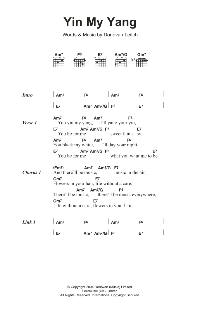 Donovan Yin My Yang sheet music notes and chords. Download Printable PDF.