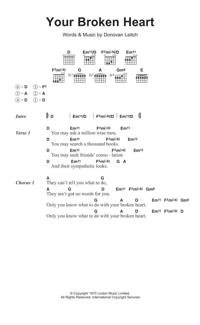 Donovan Your Broken Heart sheet music notes and chords. Download Printable PDF.