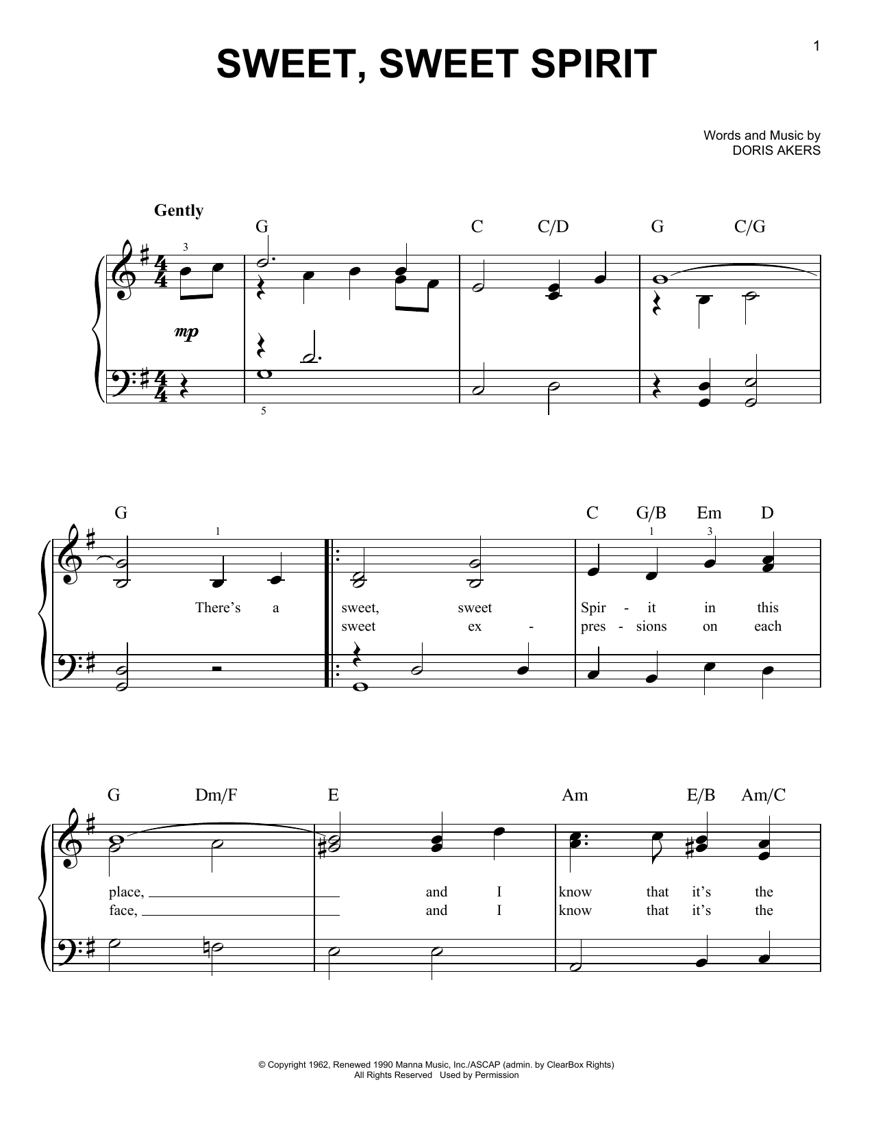 Doris Akers Sweet, Sweet Spirit sheet music notes and chords. Download Printable PDF.