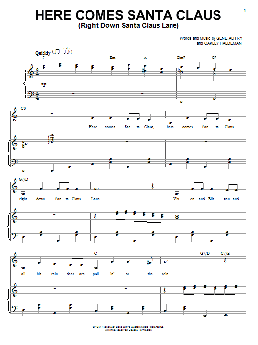 Doris Day Here Comes Santa Claus (Right Down Santa Claus Lane) sheet music notes and chords. Download Printable PDF.