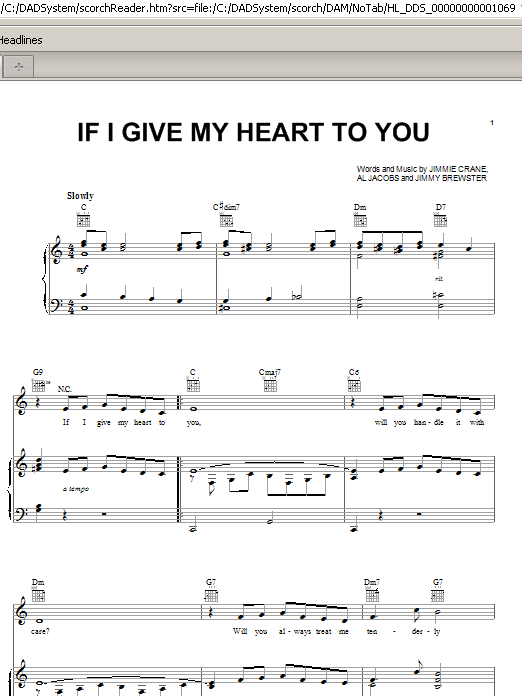 Learn to play Doris Day If I Give My Heart To You sheet music for Piano, Vocal & Guitar Chords (Right-Hand Melody) in minutes. Price: 7.8900$ Doris Day If I Give My Heart To You sheet music notes and chords arranged for Piano, Vocal & Guitar Chords (Right-Hand Melody)