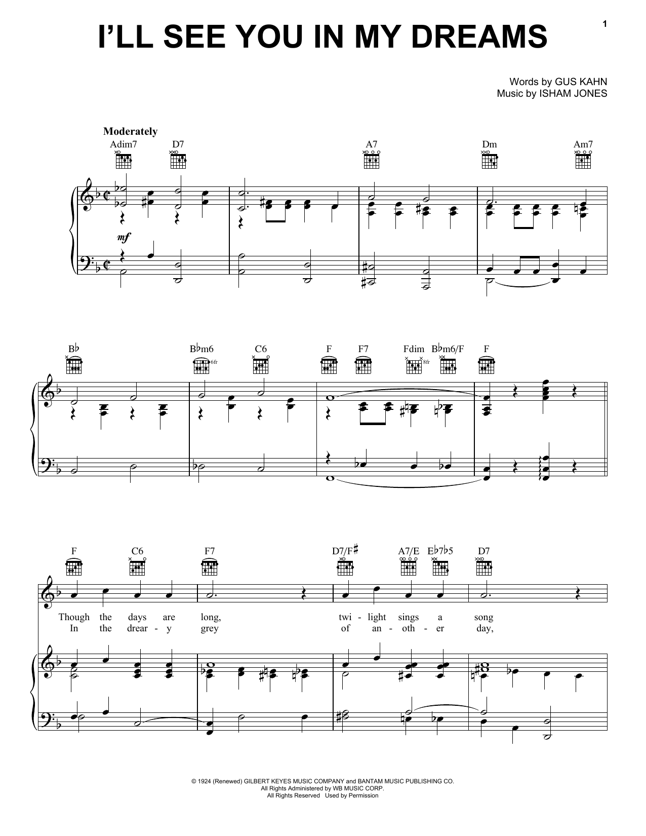 Learn to play Doris Day I'll See You In My Dreams sheet music for Piano, Vocal & Guitar Chords (Right-Hand Melody) in minutes. Price: 7.8900$ Doris Day I'll See You In My Dreams sheet music notes and chords arranged for Piano, Vocal & Guitar Chords (Right-Hand Melody)