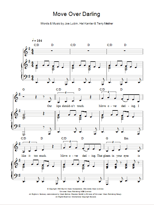 Learn to play Doris Day Move Over Darling sheet music for Piano & Vocal in minutes. Price: 6.9900$ Doris Day Move Over Darling sheet music notes and chords arranged for Piano & Vocal
