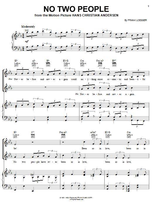 Learn to play Doris Day No Two People sheet music for Piano, Vocal & Guitar Chords (Right-Hand Melody) in minutes. Price: 7.8900$ Doris Day No Two People sheet music notes and chords arranged for Piano, Vocal & Guitar Chords (Right-Hand Melody)