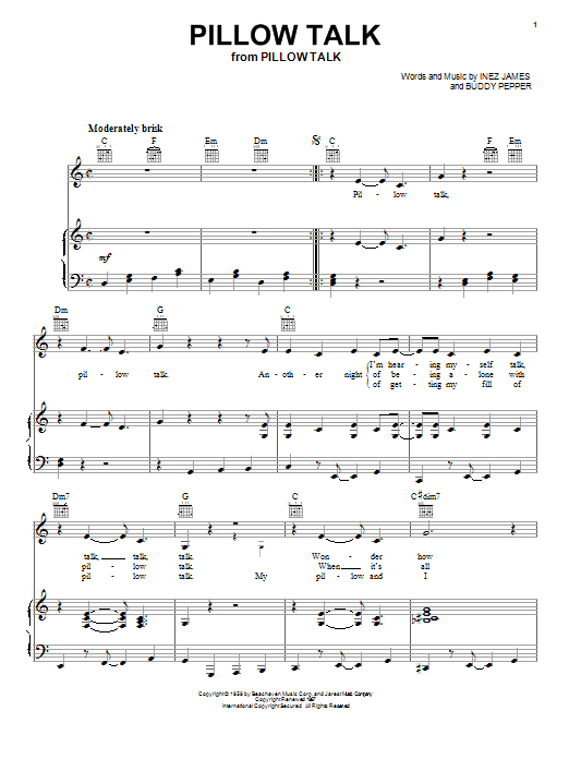 Learn to play Doris Day Pillow Talk sheet music for Piano, Vocal & Guitar Chords (Right-Hand Melody) in minutes. Price: 7.8900$ Doris Day Pillow Talk sheet music notes and chords arranged for Piano, Vocal & Guitar Chords (Right-Hand Melody)