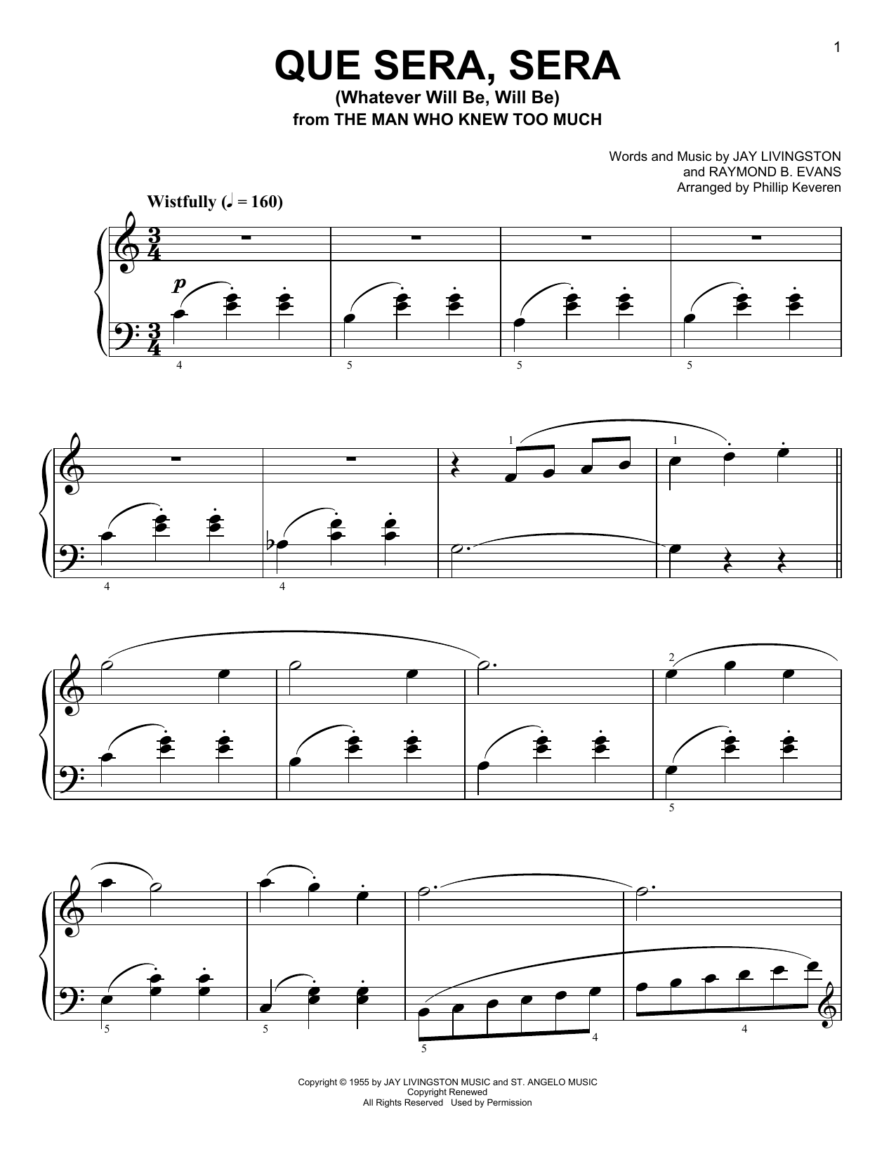 Doris Day Que Sera, Sera (Whatever Will Be, Will Be) [Classical version] (arr. Phillip Keveren) sheet music notes and chords arranged for Easy Piano