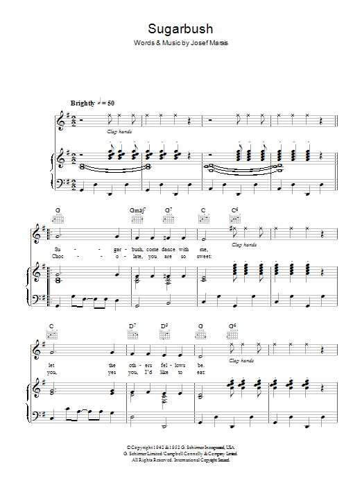 Learn to play Doris Day Sugarbush sheet music for Piano, Vocal & Guitar Chords in minutes. Price: 7.8900$ Doris Day Sugarbush sheet music notes and chords arranged for Piano, Vocal & Guitar Chords