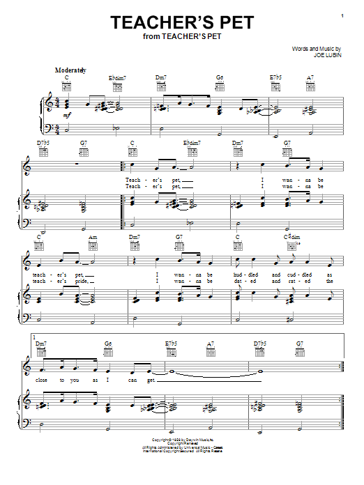 Learn to play Doris Day Teacher's Pet sheet music for Piano, Vocal & Guitar Chords (Right-Hand Melody) in minutes. Price: 7.8900$ Doris Day Teacher's Pet sheet music notes and chords arranged for Piano, Vocal & Guitar Chords (Right-Hand Melody)