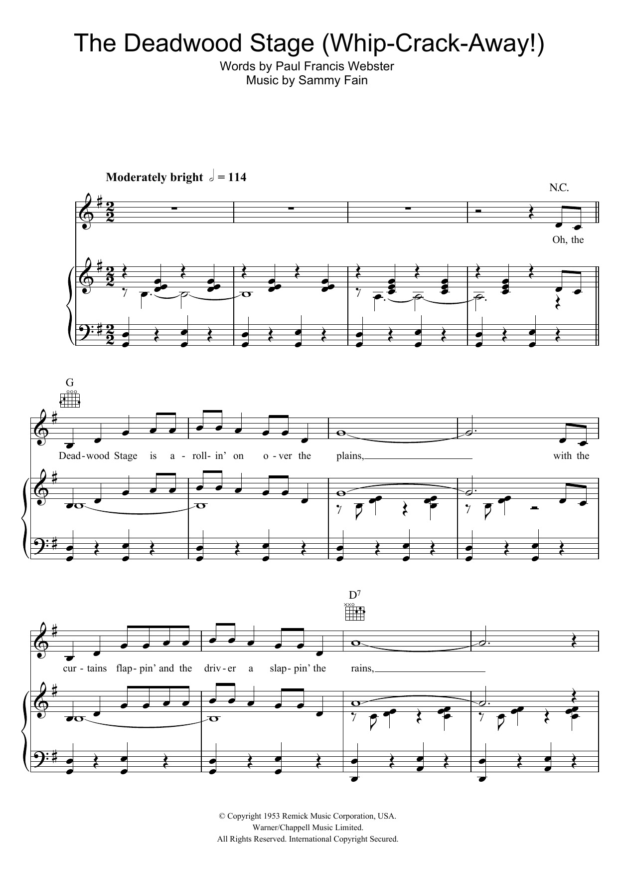 Learn to play Doris Day The Deadwood Stage (Whip-Crack-Away) sheet music for Piano, Vocal & Guitar Chords in minutes. Price: 7.8900$ Doris Day The Deadwood Stage (Whip-Crack-Away) sheet music notes and chords arranged for Piano, Vocal & Guitar Chords