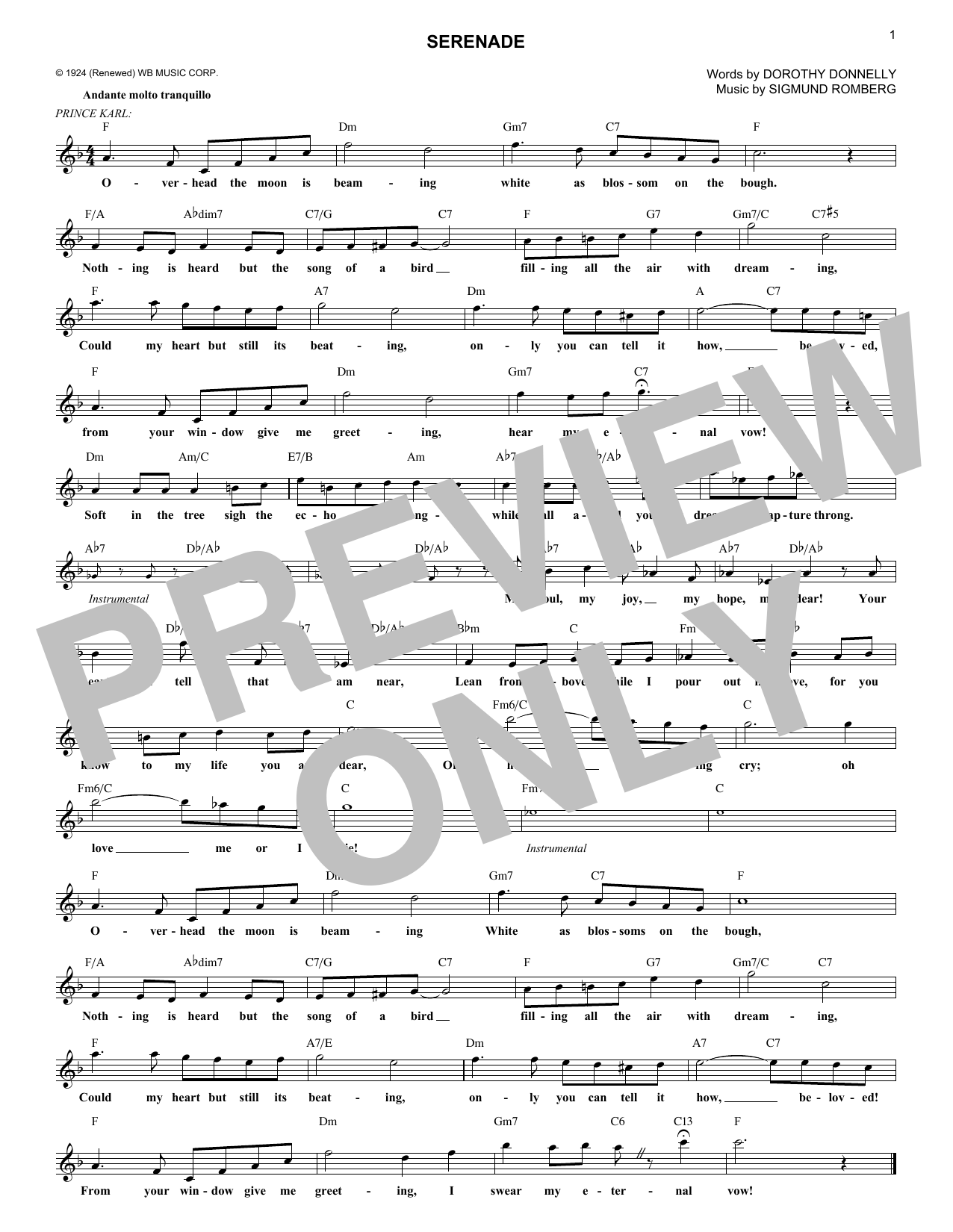 Learn to play Dorothy Donnelly Serenade (from The Student Prince) sheet music for Lead Sheet / Fake Book in minutes. Price: 5.9900$ Dorothy Donnelly Serenade (from The Student Prince) sheet music notes and chords arranged for Lead Sheet / Fake Book