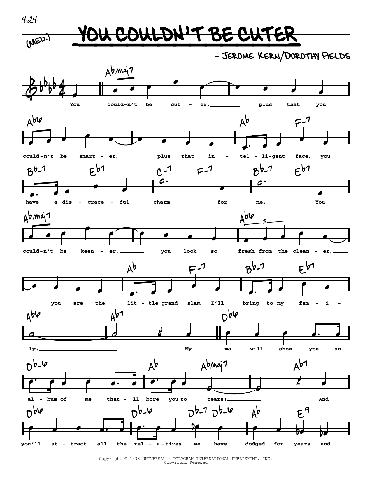 Dorothy Fields and Jerome Kern You Couldn't Be Cuter (High Voice) (from Joy Of Living) sheet music notes and chords arranged for Real Book – Melody, Lyrics & Chords