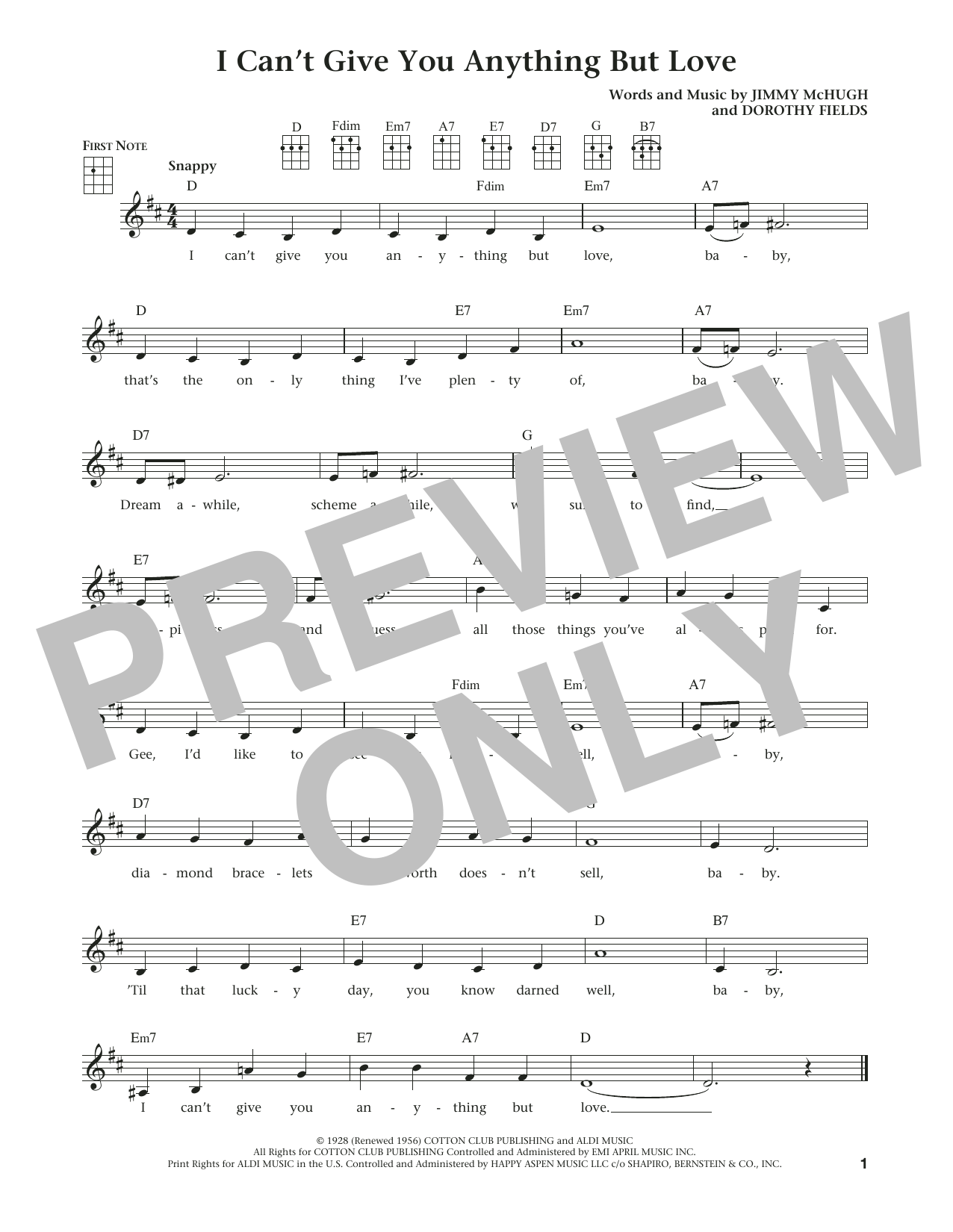 Learn to play Dorothy Fields I Can't Give You Anything But Love (from The Daily Ukulele) (arr. Liz and Jim Beloff) sheet music for Ukulele in minutes. Price: 5.9900$ Dorothy Fields I Can't Give You Anything But Love (from The Daily Ukulele) (arr. Liz and Jim Beloff) sheet music notes and chords arranged for Ukulele