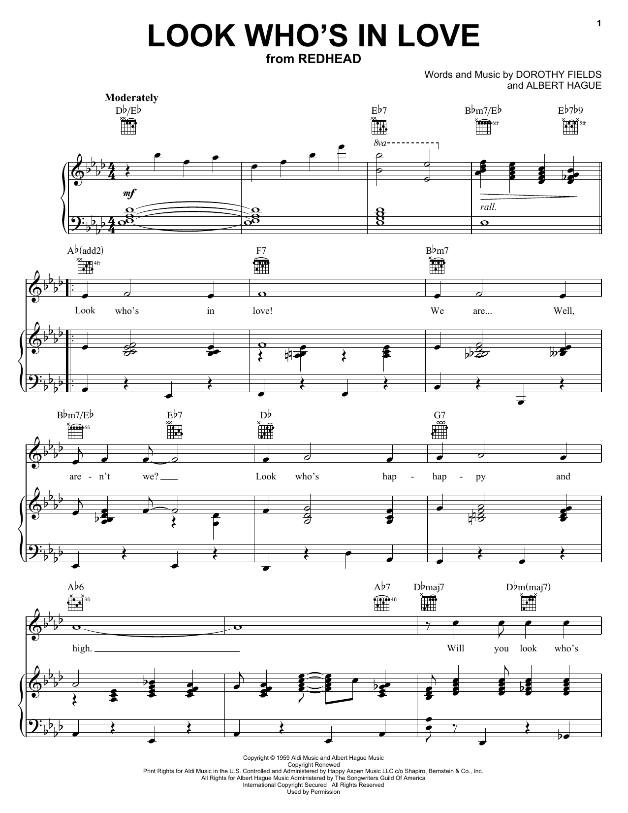 Learn to play Dorothy Fields Look Who's In Love sheet music for Piano, Vocal & Guitar Chords (Right-Hand Melody) in minutes. Price: 7.8900$ Dorothy Fields Look Who's In Love sheet music notes and chords arranged for Piano, Vocal & Guitar Chords (Right-Hand Melody)
