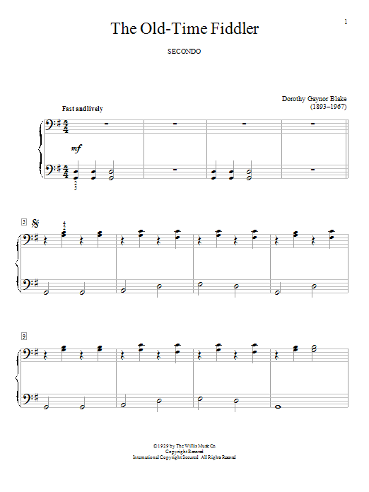 Learn to play Dorothy Gaynor Blake The Old-Time Fiddler sheet music for Piano Duet in minutes. Price: 7.8900$ Dorothy Gaynor Blake The Old-Time Fiddler sheet music notes and chords arranged for Piano Duet