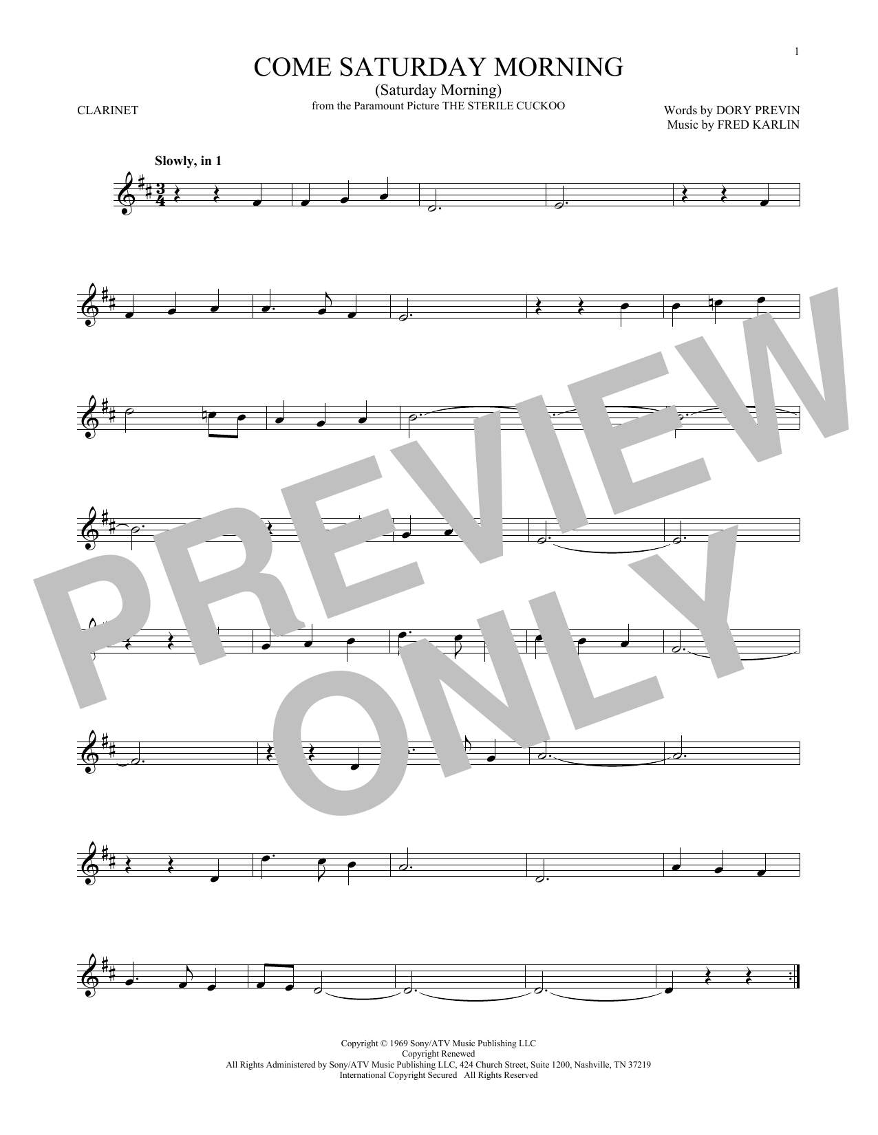 Dory Previn Come Saturday Morning (Saturday Morning) sheet music notes and chords. Download Printable PDF.