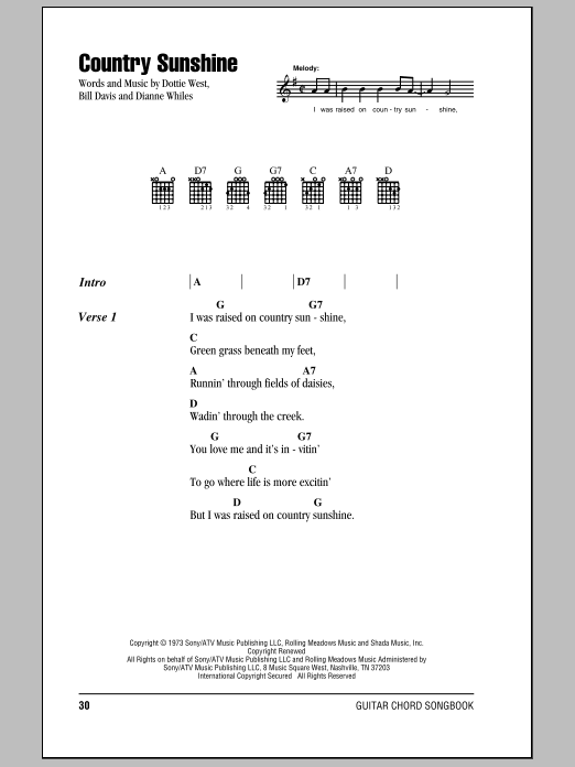 Dottie West Country Sunshine sheet music notes and chords. Download Printable PDF.