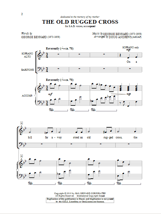 Learn to play Doug Andrews The Old Rugged Cross sheet music for SAB Choir in minutes. Price: 3.9900$ Doug Andrews The Old Rugged Cross sheet music notes and chords arranged for SAB Choir