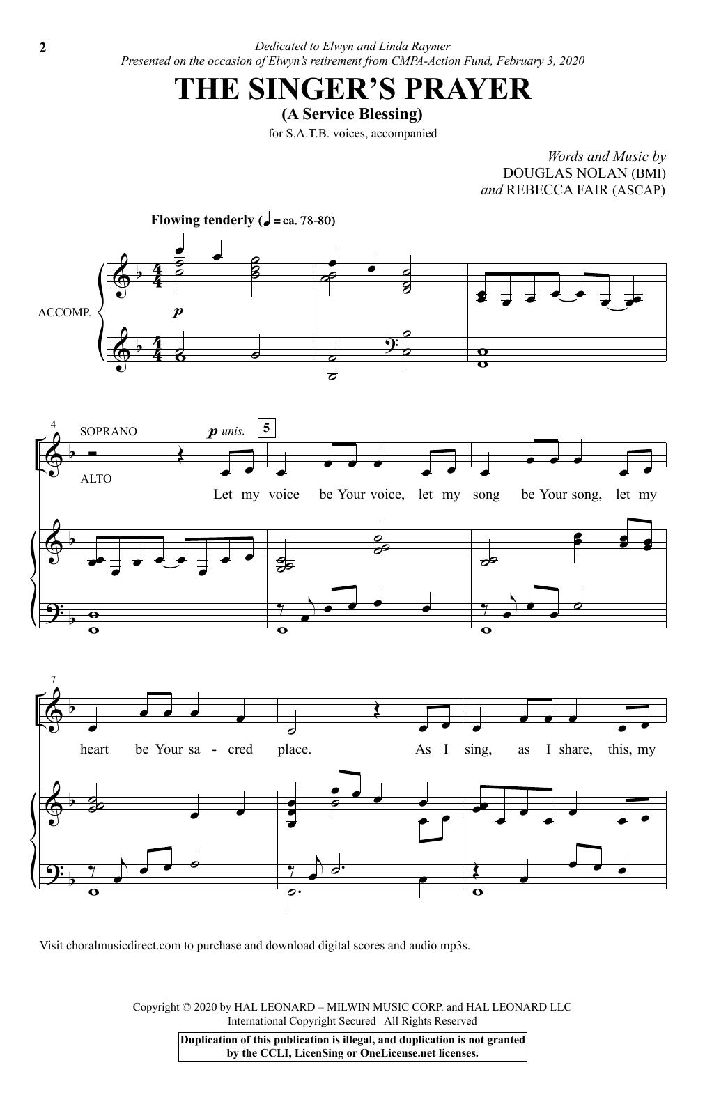 Learn to play Douglas Nolan & Rebecca Fair The Singer's Prayer (arr. Douglas Nolan) sheet music for SATB Choir in minutes. Price: 3.9900$ Douglas Nolan & Rebecca Fair The Singer's Prayer (arr. Douglas Nolan) sheet music notes and chords arranged for SATB Choir