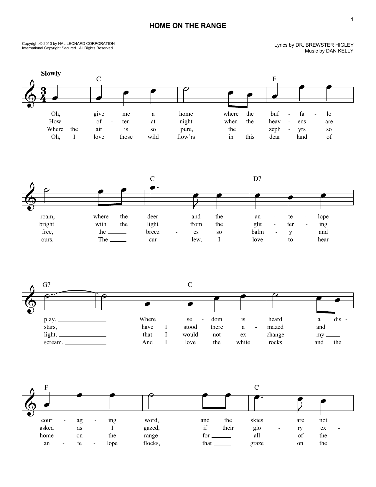 Dr. Brewster Higley Home On The Range sheet music notes and chords. Download Printable PDF.